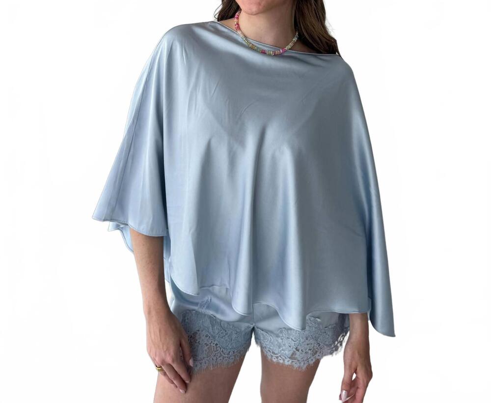 NEW LOUCIA draped poncho and lace-trim short set in blue